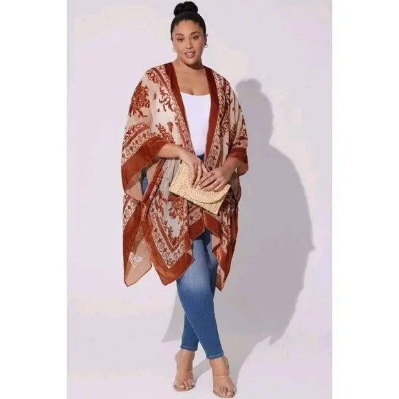 Torrid Womens One Size Multicolor Floral Velvet Burnout Ruana Open Kimono Boho - Picture 1 of 7